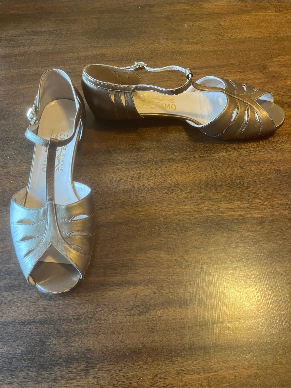 Authentic Salvatore Ferragamo Metallic Bronze T-Strap Peep Toe Wedge Sandals